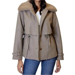 dh New York Addie Jacket Toggle Women's S Wool Blend Cropped Faux Sherpa Collar